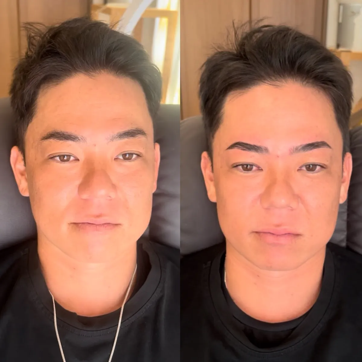 沖縄メンズ眉毛サロン01での眉毛ワックス施術ビフォーアフター：施術前と施術後の顔全体の印象変化
