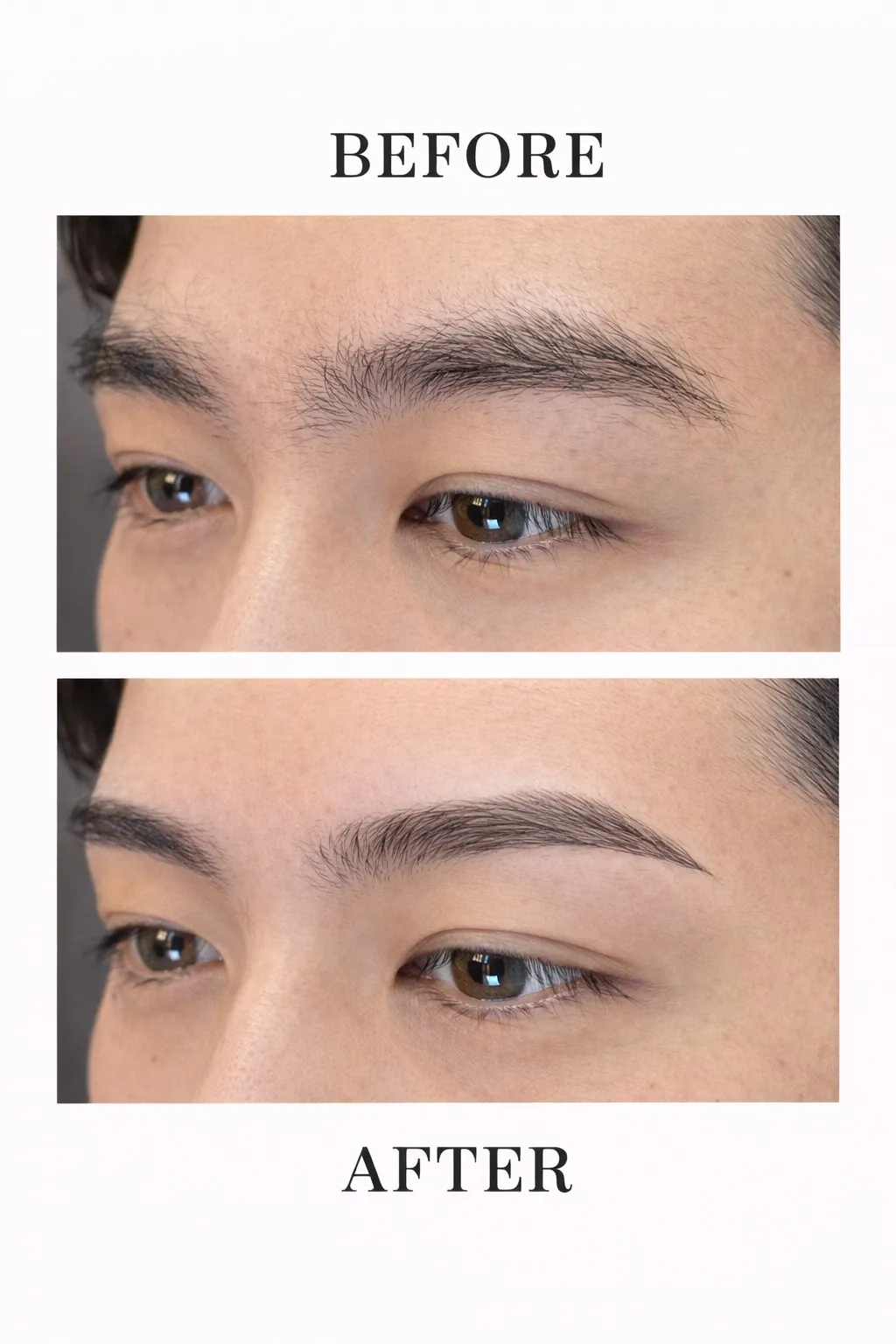 沖縄・那覇メンズ眉毛サロン01（オーワン）の眉毛パーマ施術イメージ：施術前と施術後のビフォーアフター比較。毛流れを整え、自然で立体的な眉に